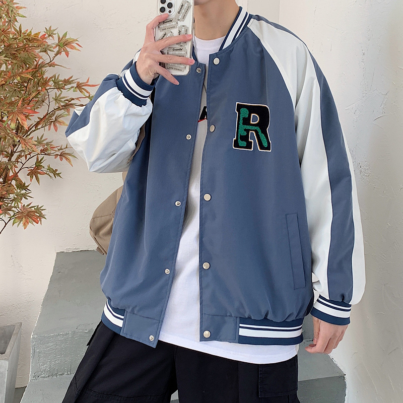 春季潮牌新款流行字母印花拼色寬鬆男女夾克外套上衣