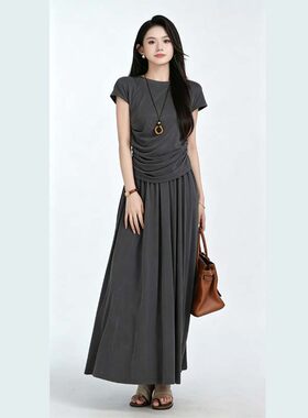 莫代尔深灰色褶皱短袖t恤上衣+百褶A字大摆半身裙子两件套装女夏