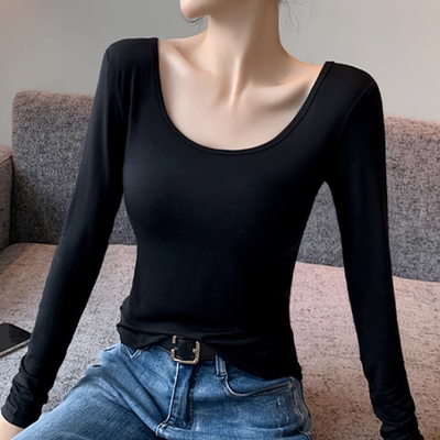2025年新款莫代尔低领打底衫女春秋内搭u领长袖t恤肌理感修身上衣