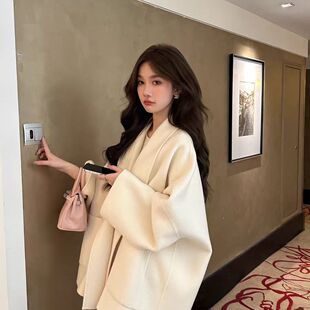 宽松廓形中长款毛呢外套女小个子秋冬新款双面毛呢子大衣