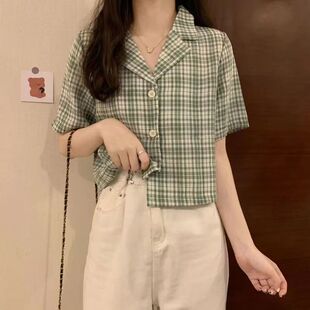 小胖宽松款韩版格子西装领短款衬衫女宽松显瘦复古港味短袖上衣