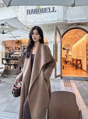 慵懒感大翻领中长款双面呢毛呢大衣女秋冬季垂感呢子外套