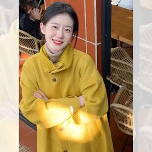 韩系高级感黄色呢子大衣女2023秋冬新款小香风气质中长款毛呢外