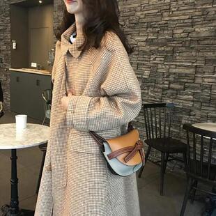 2022新款秋冬季千鸟格毛呢外套女赫本风呢子大衣中长淑女小个子