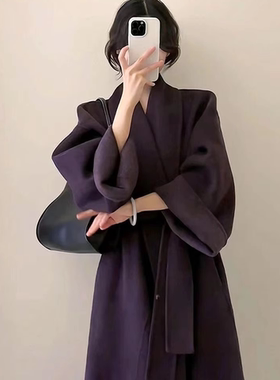 紫色中长款呢子大衣女秋冬新款复古韩版宽松系带收腰显瘦毛呢