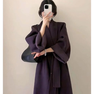紫色中长款呢子大衣女秋冬新款复古韩版宽松系带收腰显瘦毛呢
