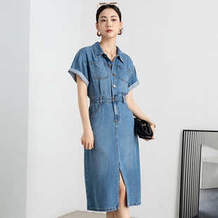 前开叉长裙 天丝牛仔连衣裙女2025夏季 新款 轻奢高级感薄款 蓝色衬衫