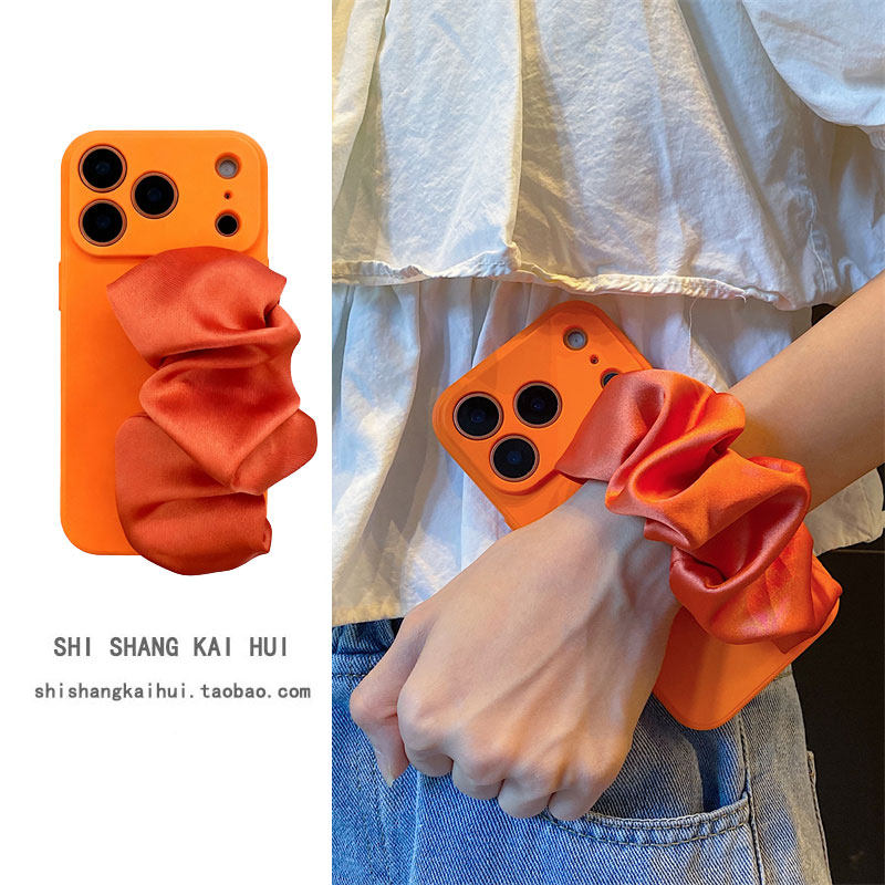 高级感橙丝绸弹力腕带苹果手机壳