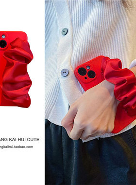 新年红色弹力褶皱腕带适用vivoX100手机壳x90s松紧真丝绸带x80pro软胶x70防摔x60/x50/x30女s18/s17/s16e/s10