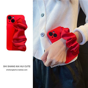 新年红色弹力褶皱腕带适用vivoX100手机壳x90s松紧真丝绸带x80pro软胶x70防摔x60/x50/x30女s18/s17/s16e/s10