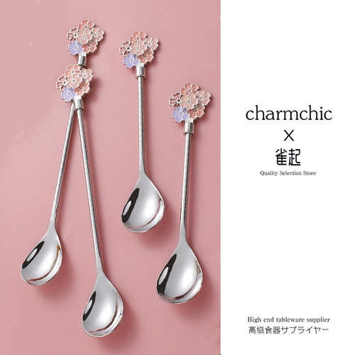 简约304不锈钢樱花咖啡勺ins风304不锈钢长柄勺子马克杯勺甜品勺