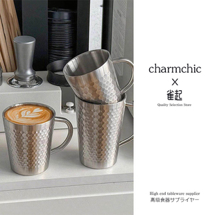 304不锈钢双层水杯啤酒杯锤纹钻石防烫带柄咖啡杯定制