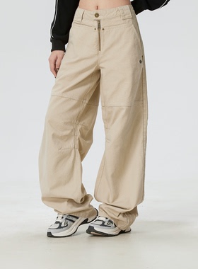 Adidas三叶草26年女子宽松直筒裤运动拉链卡其色休闲长裤 KC8892