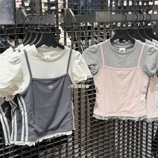 Adidas三叶草26年夏季女子假两件吊带泡泡袖短袖T恤LI5117 LI5118