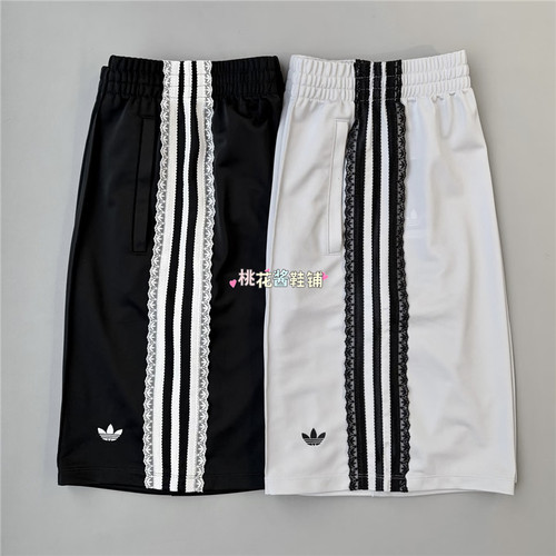 Adidas三叶草26年夏季女蕾丝边黑灰运动五分裤短裤KU4754 KU4755