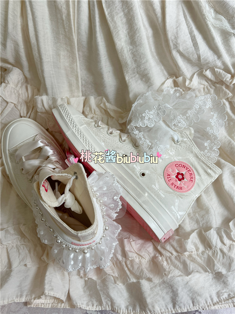 匡威女款高帮帆布鞋少女粉米白