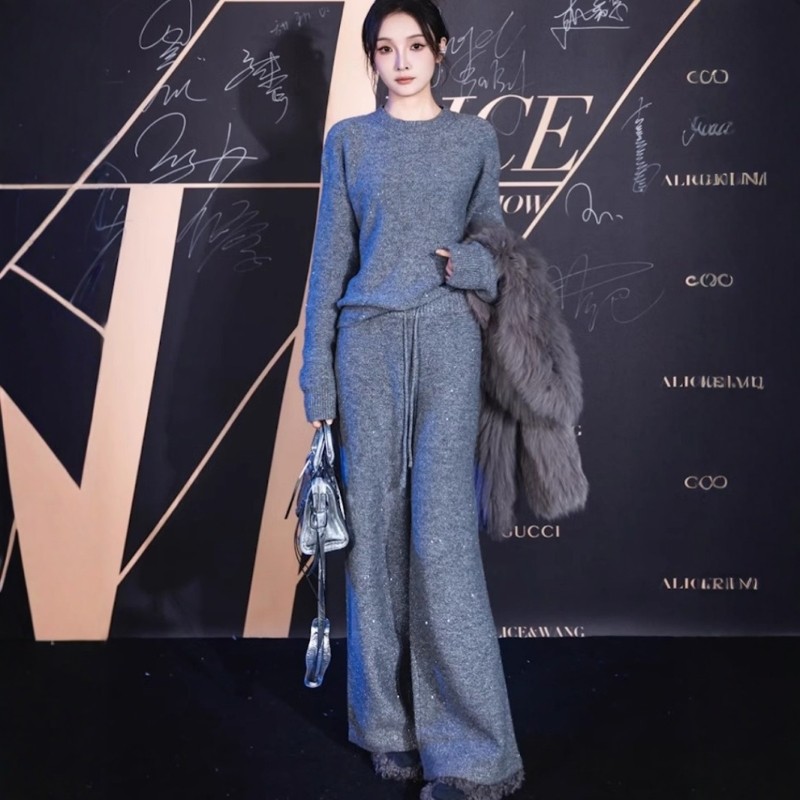 亮片山羊绒套装女两件套