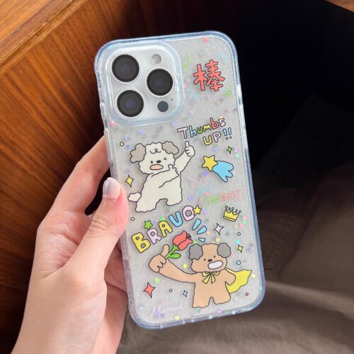 MoMood加油小狗闪粉双层印花手机壳适用苹果iPhone16ProMax韩国ins风原创卡通imd防摔软边硬壳亮面15Pro