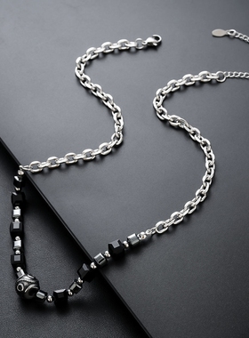 方块拼接串珠项链男钛钢不掉色时尚简约设计首饰女高级百搭饰品潮