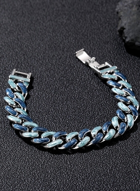 欧美跨境滴油星空蓝古巴手链男复古简约个性双面佩戴饰品工厂直销