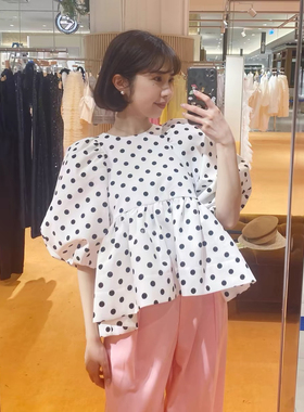 日系甜美bibiy波点荷叶边上衣女百搭显瘦气质