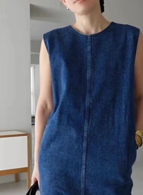 日系ins小众设计感圆领宽松蝴蝶结系带无袖直筒复古牛仔连衣裙女