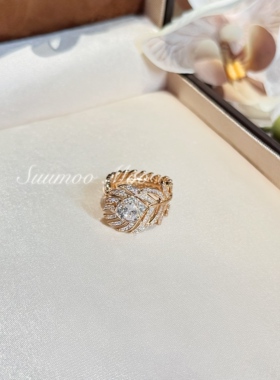 铜合金合成锆石戒指 法式轻奢高级感满钻羽毛戒指