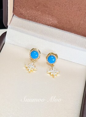 铜合金合成锆石耳饰 八芒星吊坠女首饰小众蓝色耳环日韩简约花朵