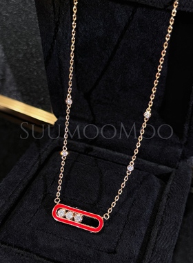 铜合金合成锆石项链 法式时尚灵动三钻双色红珐琅项链