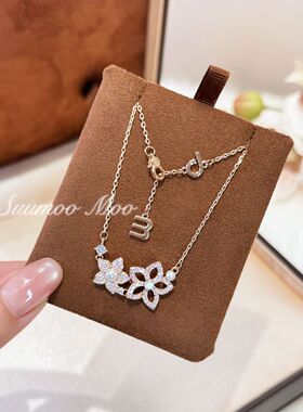 铜合金合成锆石项链 坠链时尚双花朵项链小众高级感浪漫轻奢