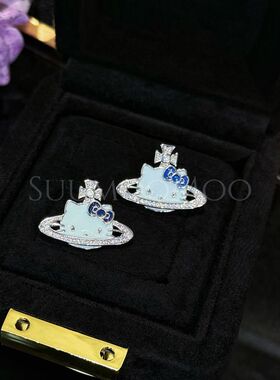 铜合金合成锆石耳饰 法式时尚蓝色星球KT猫耳环