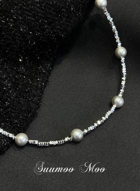 铜合金合成锆石项链 法式满天星灰色珠碎银子项链高级感百搭珠子