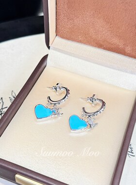 铜合金合成锆石耳饰 轻奢气质时尚蓝色爱心吊坠耳环