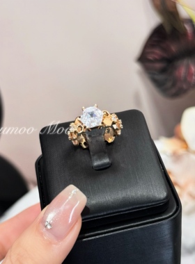 铜合金合成锆石戒指 法式轻奢时尚气质蜂巢戒指