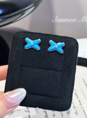 铜合金合成锆石耳饰 法式时尚经典蓝色交叉耳钉