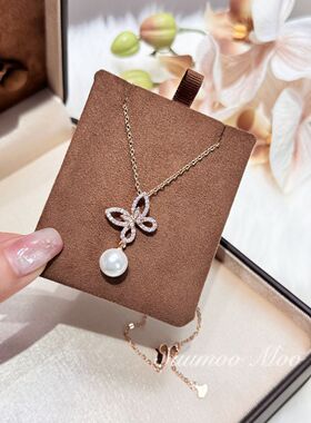 铜合金合成锆石项链 锁骨链法式轻奢满钻幻影蝴蝶珠珠吊坠项链