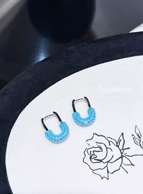 铜合金合成锆石耳饰 设计镶嵌珠宝时尚蓝色几何U形锁耳环
