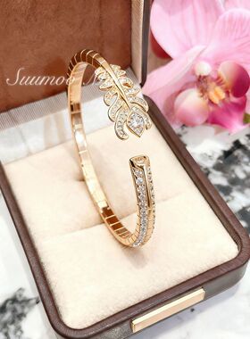 铜合金合成锆石手镯 法式时尚高级感满钻羽毛手镯