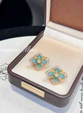 铜合金耳饰 意大利复工宫廷拉丝蓝色菱形四叶草耳环植物花卉耳环