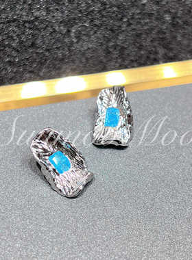 银叶蓝钻璀璨耳环 褶皱叶子蓝色锆钻点睛耳饰时尚耳环