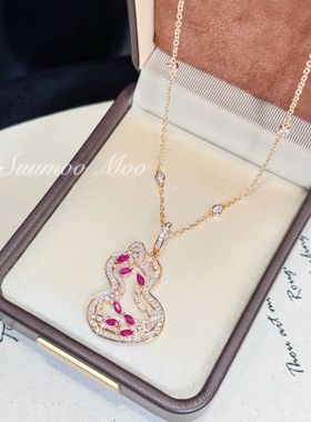 铜合金合成锆石项链 明星同款 镂空红色花朵大葫芦项链