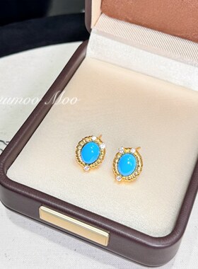 铜合金合成锆石耳饰 复古镶嵌蓝色椭圆蛋面耳饰精致耳环