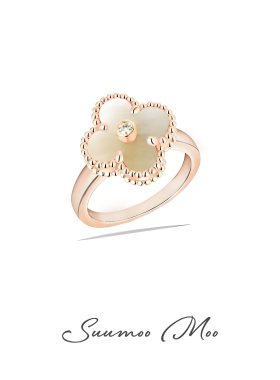 铜合金合成锆石戒指 法式时尚金色贝壳幸运草戒指