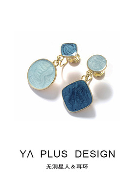 蚊香盘无耳洞耳夹撞色耳环女简约几何不对称耳钉复古港风气质