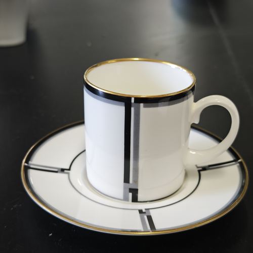 HOYA豪雅骨瓷咖啡杯 黑灰条纹描金 茶亦居日本古美术F2