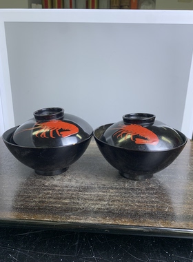 轮岛塗莳绘漆器盖碗吸物碗 虾 木胎 有脱漆漆裂 特价茶亦居SPS4-1