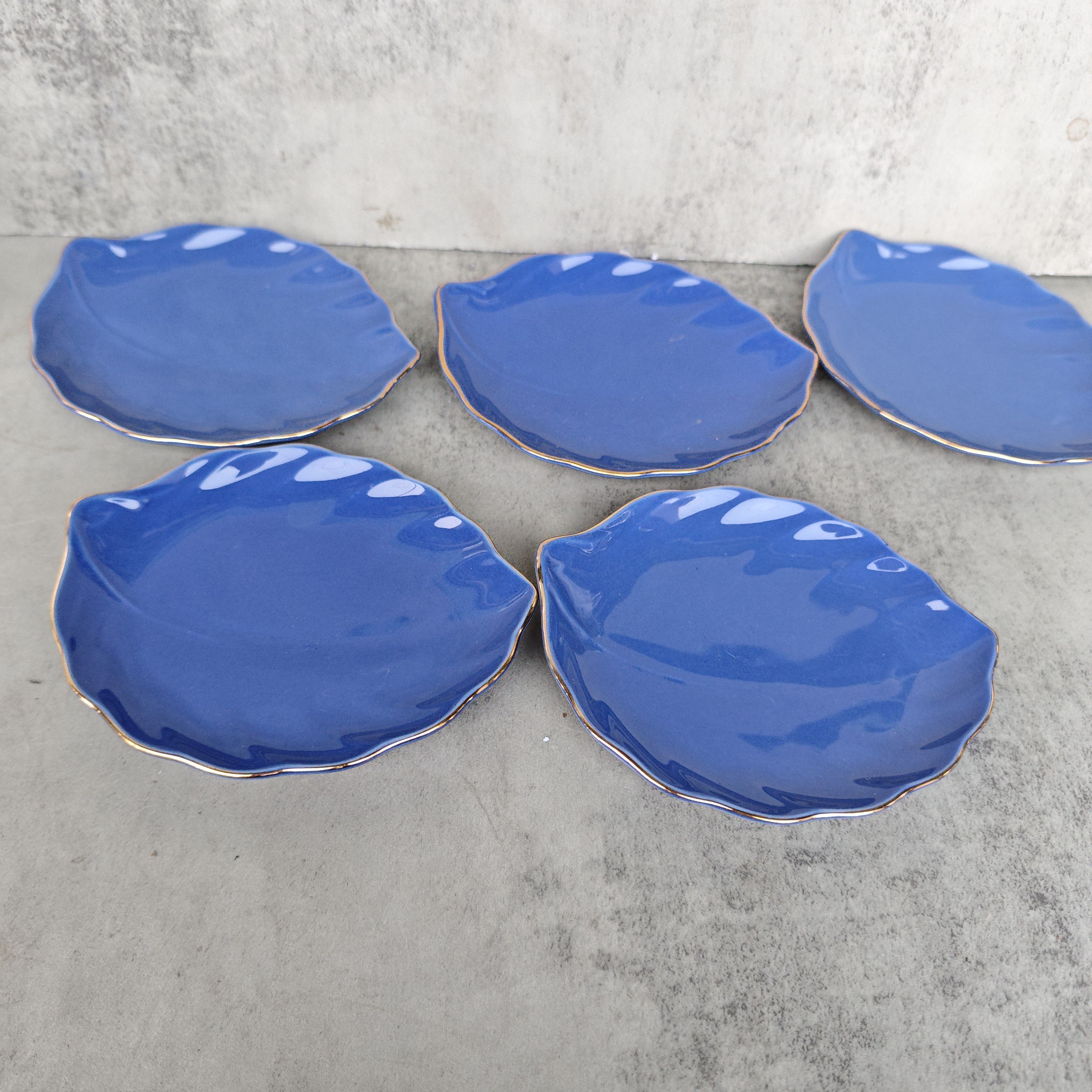 有田烧紫罗兰单色釉叶形小盘 五个 茶亦居日本古美术D4