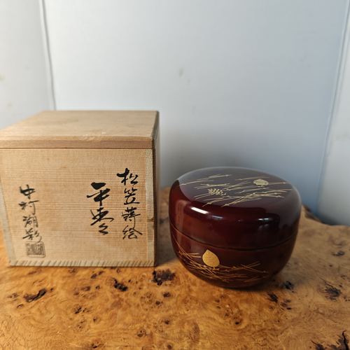 塗师中村湖彩 松笠金莳绘漆器茶枣平枣茶叶罐 木胎 木盒装 BJ5
