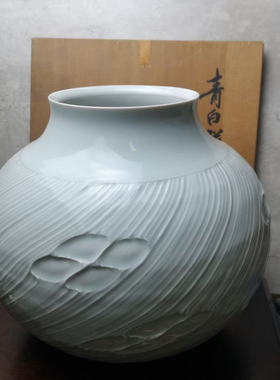 日本砥部烧青白瓷大花瓶 英峰作 木盒装 茶亦居日本古美术BJ3