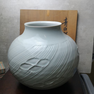 日本砥部烧青白瓷大花瓶 英峰作 木盒装 茶亦居日本古美术BJ3